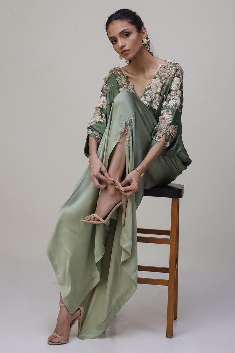 Olive Green Kaftan by Rozina Munib