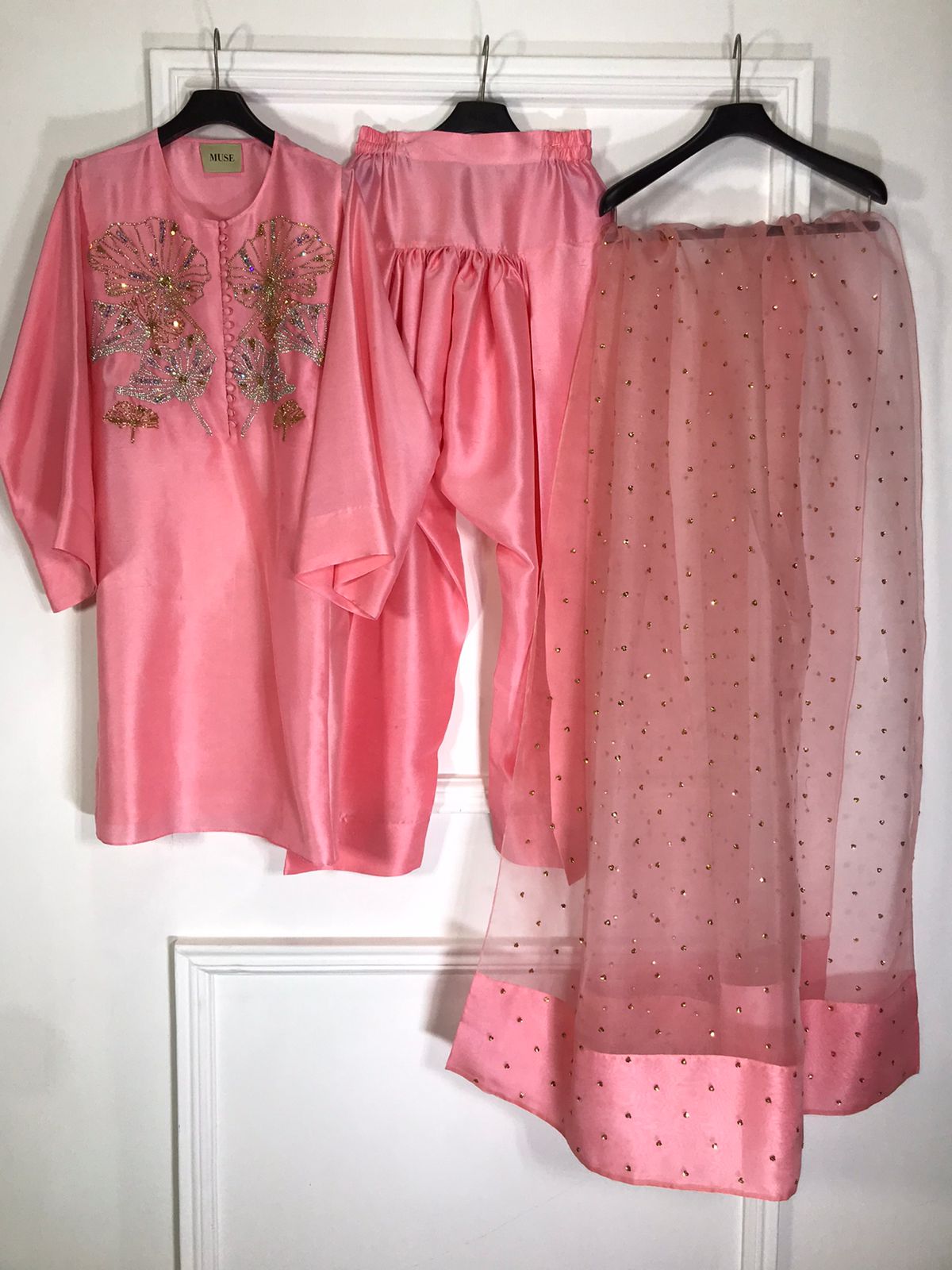 Orchid Pink Oversized Embellished Raw Silk Tunic Set by MUSE