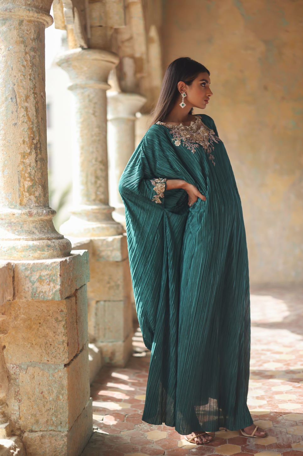 Emerald Green Kaftan By Rozina Munib