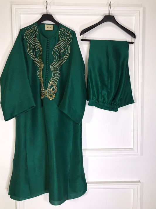 Bayberry Green Oversized Embellished Raw Silk Dress Set by MUSE